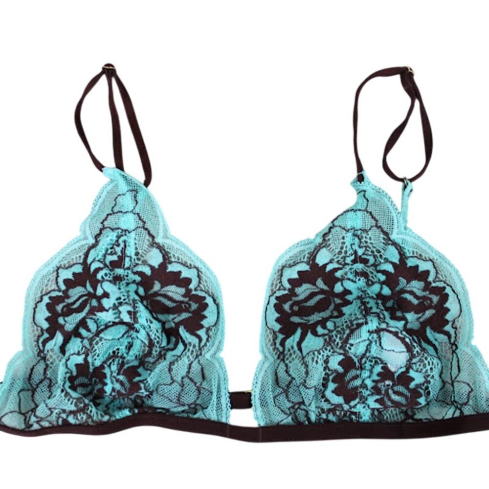 VICTORIAS SECRET | Aqua Blue Brown Sheer Floral Lace Triangle Bralette Y2K 36B